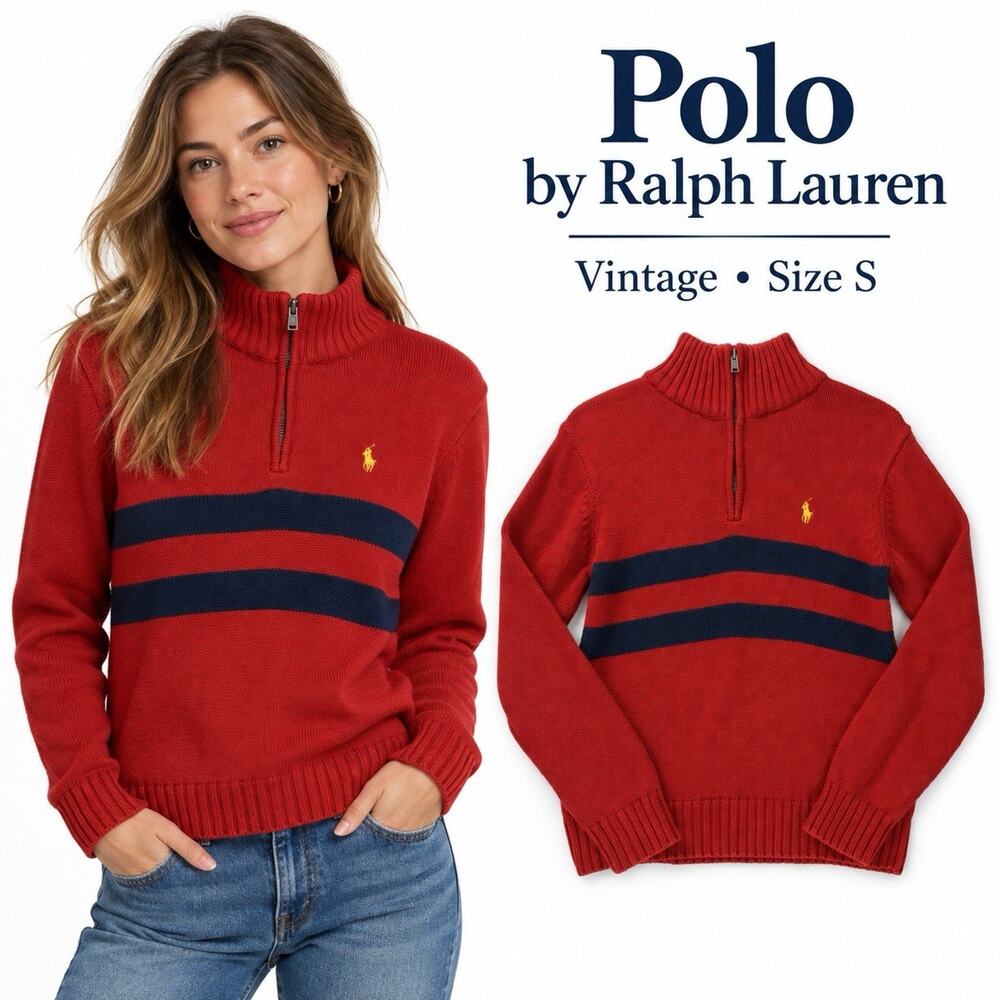 Polo by Ralph Lauren Women’s Vintage S Red Navy Stripe Quarter Zip Sweater
